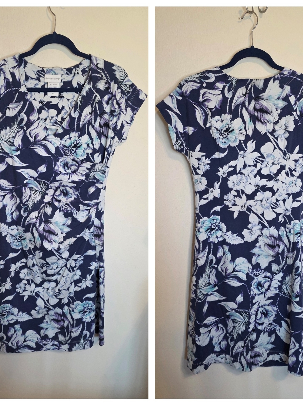 Soft Surroundings Navy Floral V-Neck Short-Sleeve Dress